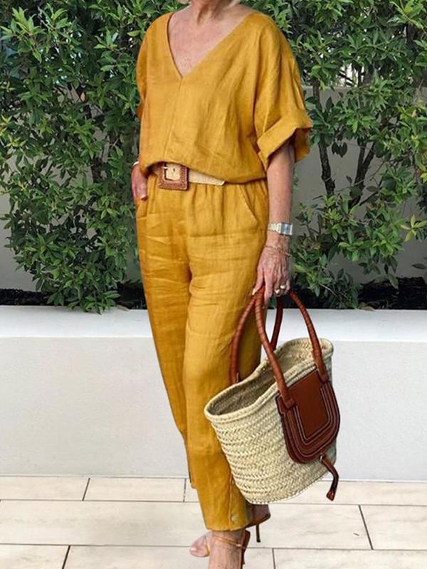 Conjunto Feminino Casual de Algodão e Linho com Blusa de Decote em V e Calça