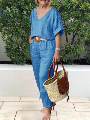 Conjunto Feminino Casual de Algodão e Linho com Blusa de Decote em V e Calça