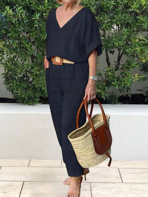 Conjunto Feminino Casual de Algodão e Linho com Blusa de Decote em V e Calça