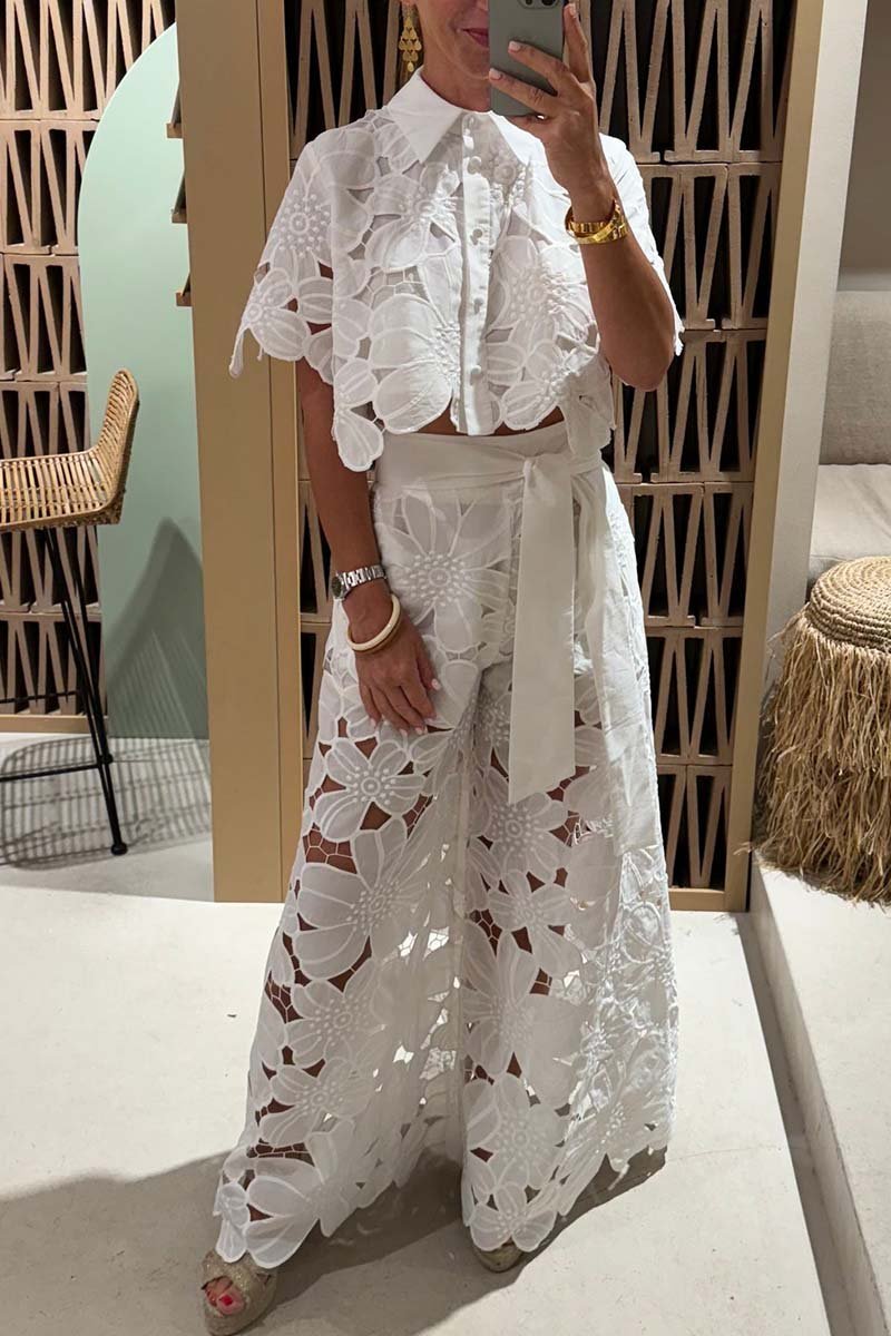 Conjunto Feminino Casual de Blusa de Renda e Calças de Perna Larga