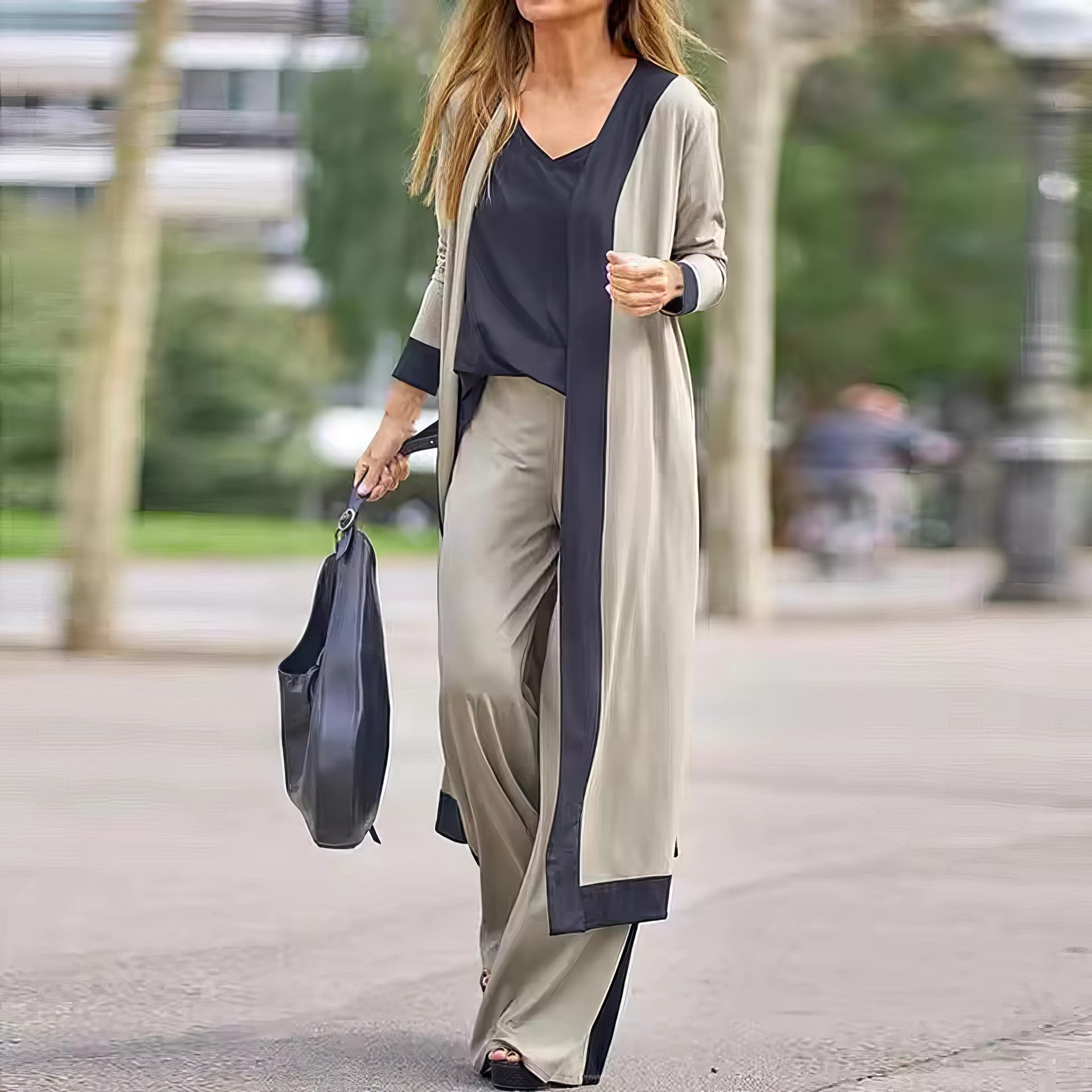 Conjunto de 3 peças para mulher: cardigã, top e calça larga