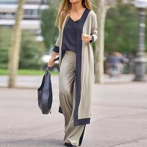 Conjunto de 3 peças para mulher: cardigã, top e calça larga
