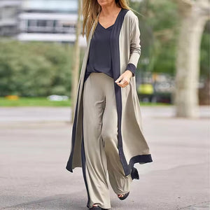 Conjunto de 3 peças para mulher: cardigã, top e calça larga