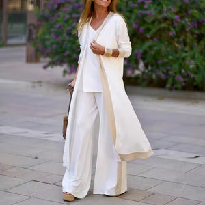 Conjunto de 3 peças para mulher: cardigã, top e calça larga